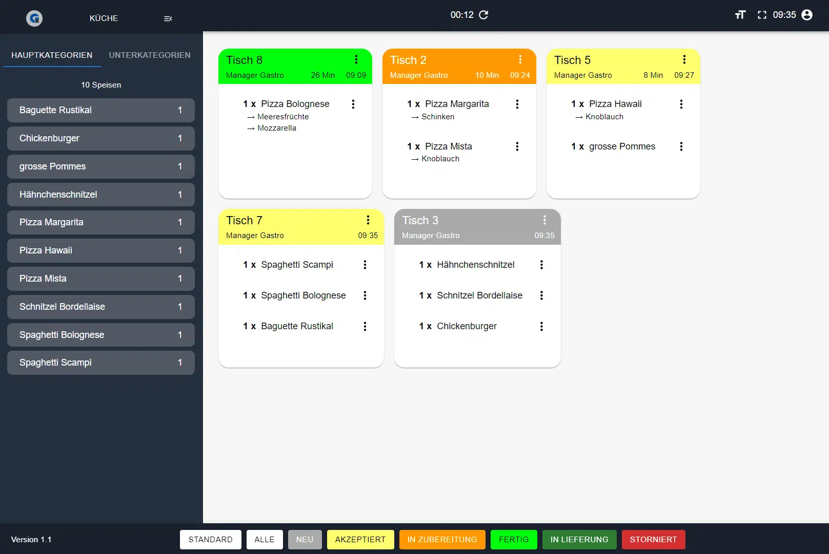 GastroSoft Küchendisplay Add-On zeigt digitale Bestellungen aus dem Kassensystem mit Tischen, Speisen und Statusfarben für die Gastronomie