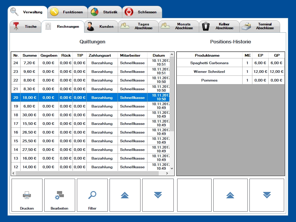 Bildschirm eines Kassensystems mit Quittungenliste