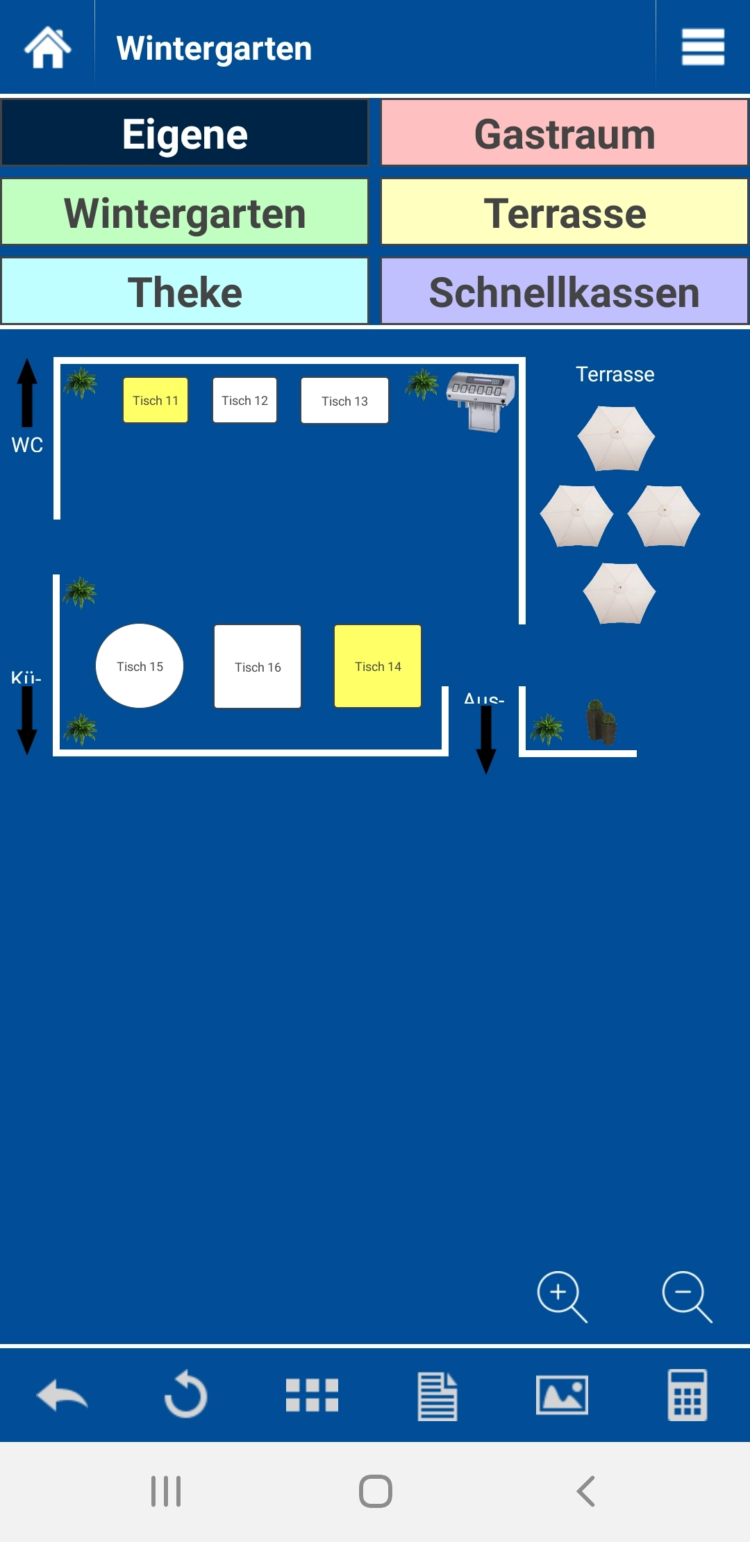 Screenshot der GastroSoft Tischplan-Ansicht mit Wintergarten, Gastraum, Terrasse und Tischen auf dem Android-Bestellterminal der MagicPOS 15 Zoll Gastro Kasse