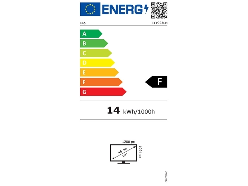 EU energy label for EloTouch 1903LM 19-inch healthcare touchmonitor, class F, 14 kWh/1000h, 1280 x 1024 display for medical use
