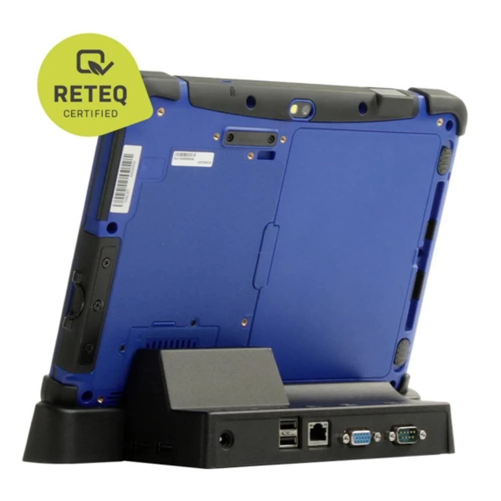 Blaues Rugged-Tablet in Dockingstation mit Anschlüssen