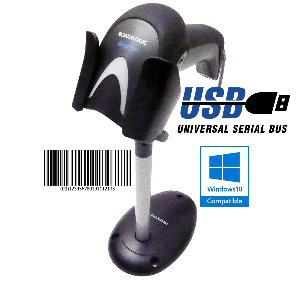 Datalogic Gryphon GD4130-BKK1 corded USB 1D linear imaging barcode scanner with stand, Windows 10 compatible for retail and warehouse use
