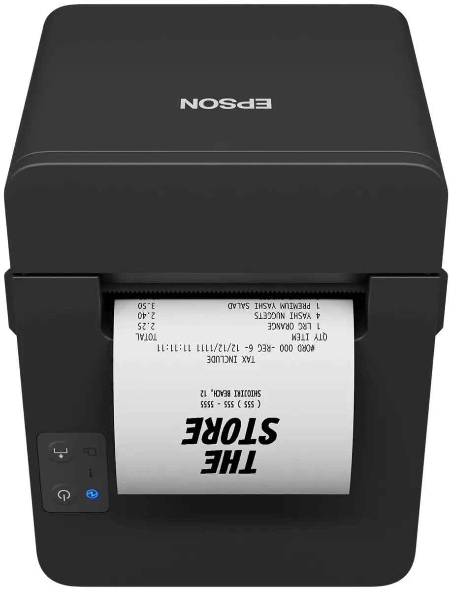 Schwarzer Epson Bondrucker druckt Kassenbon