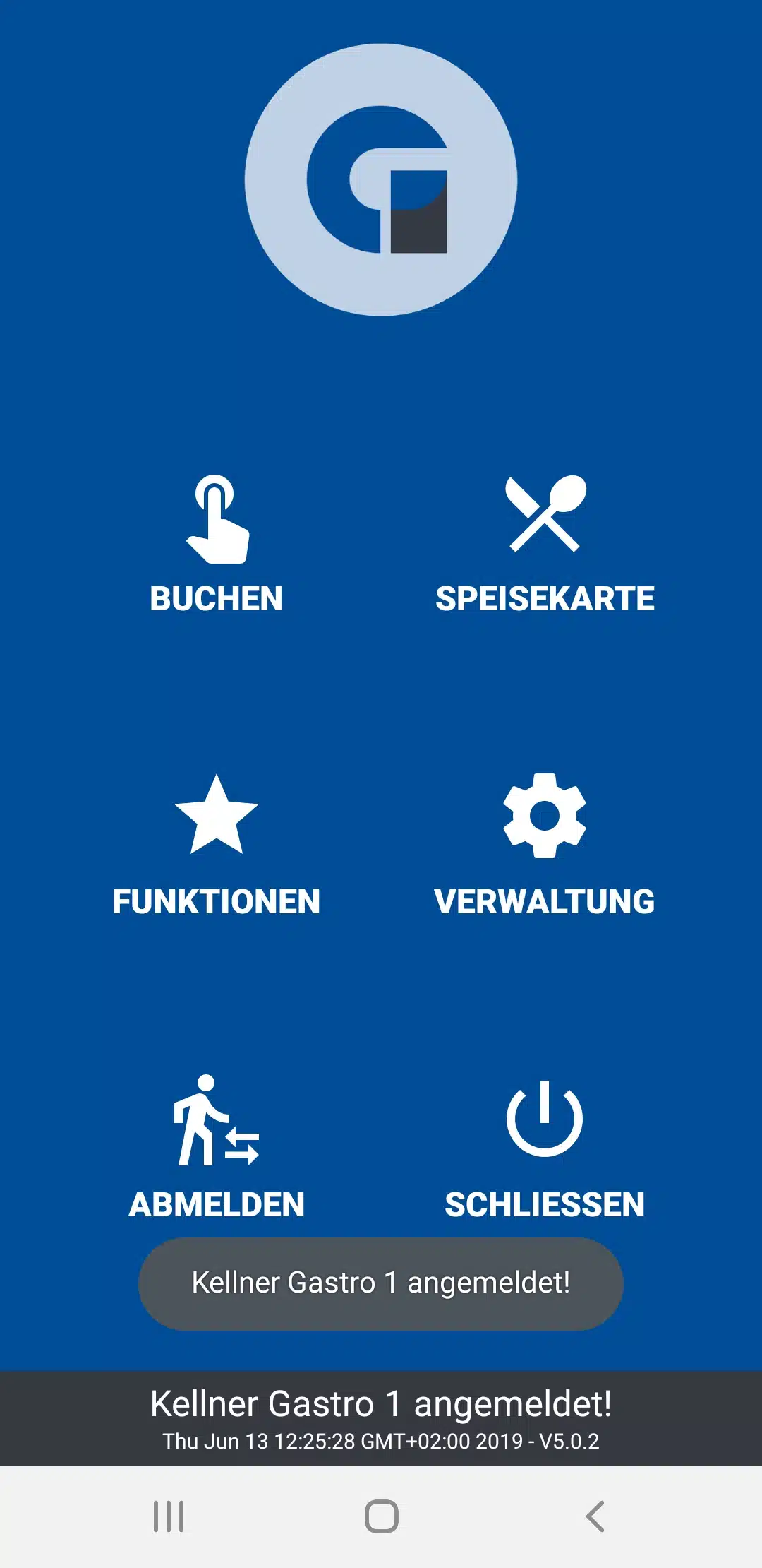 GastroSoft Droid App auf Android mit Menü für Buchen, Speisekarte, Funktionen und Verwaltung als mobiles Bestellterminal für Gastronomie