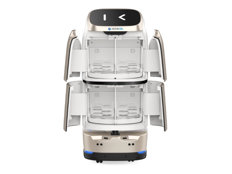 Keenon W3 Butler hotel service robot with open secure compartments for automated room service deliveries and 3D obstacle avoidance