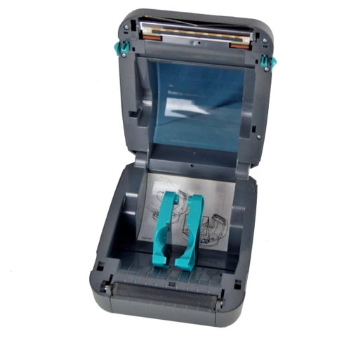 Geöffneter Zebra GK420d Thermo-Etikettendrucker in Schwarz, generalüberholter USB/LAN Labeldrucker für Versandetiketten und Barcodes