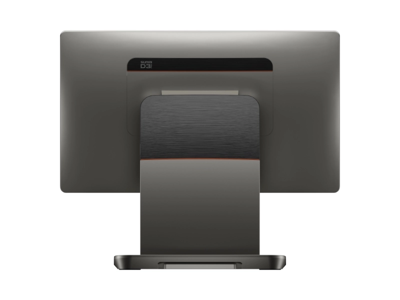 Rückansicht des Sunmi D3 PRO 15,6 Zoll Android 13 Touch Kassensystems mit Standfuß, POS-Terminal für Gastronomie und Einzelhandel