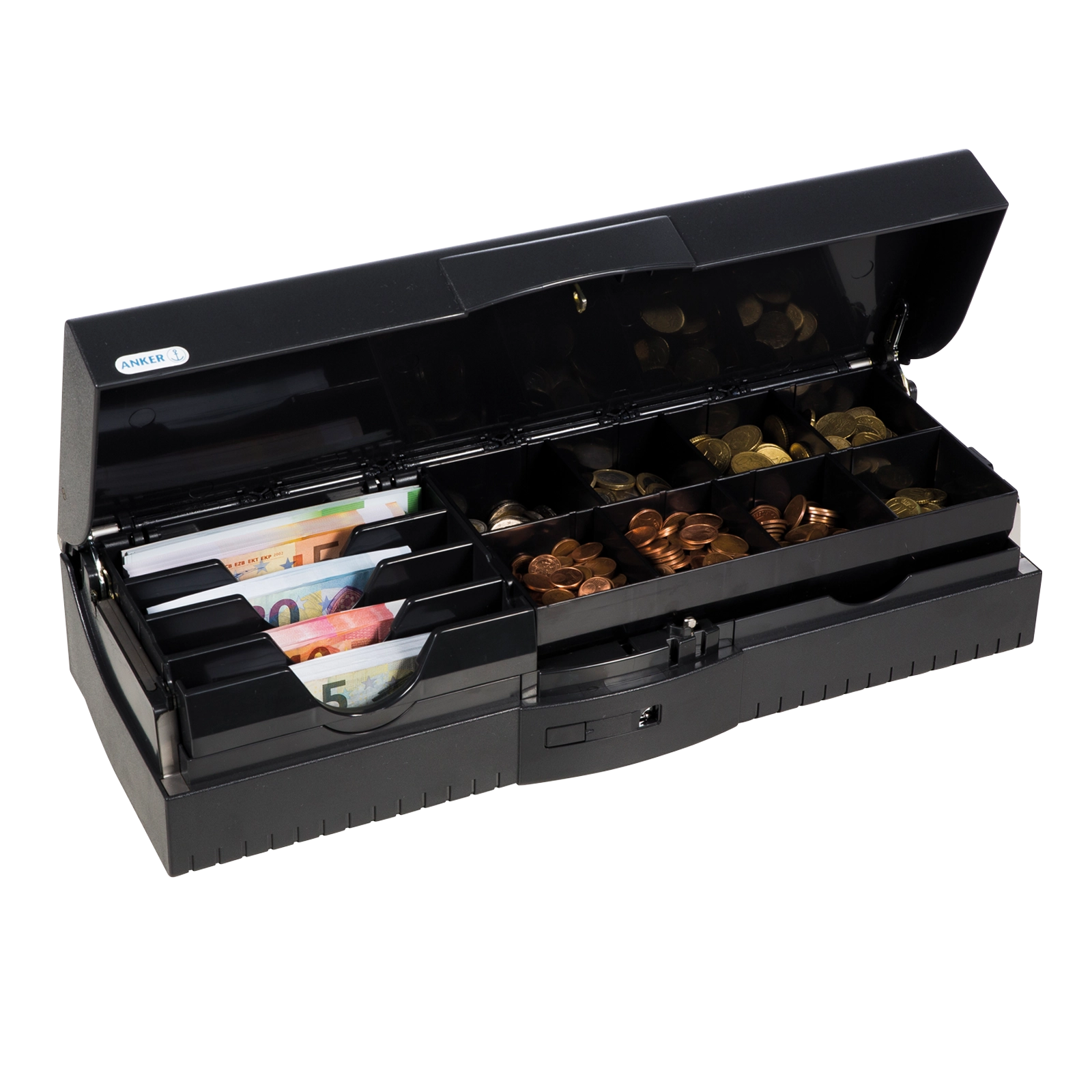 Open ANKER OmniOption cash cassette for POS counters, showing 4 bill compartments and coin sections in a robust black plastic cash drawer.