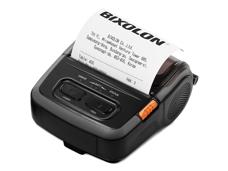 Bixolon SPP-R310 rugged mobile 80mm Bluetooth POS printer printing a receipt for receipts, labels and tickets in field use