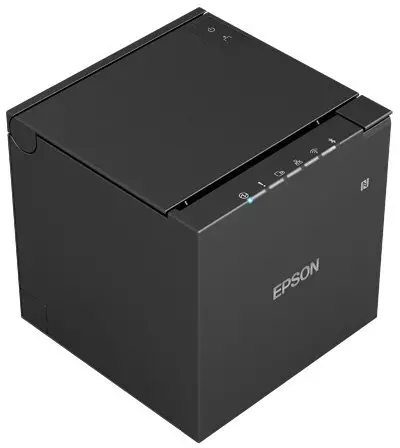 Schwarzer Epson Bondrucker mit Papierausgabe oben, ideal für Kassenbelege im Einzelhandel, Gastronomie und POS-Systeme