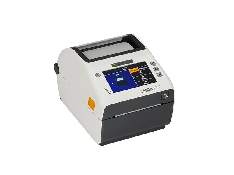 Zebra ZD621-HC healthcare label printer with colour display for 300 dpi direct thermal barcode label printing and disinfectant-ready use.