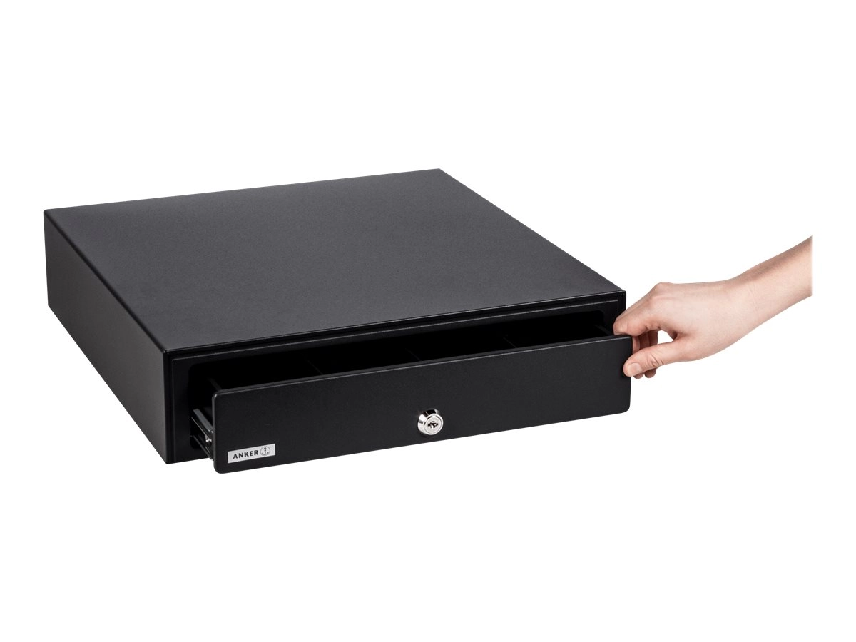 ANKER MDX16 anthracite cash drawer, 417 x 100 x 417 mm, shown partly open with lock for POS use in shops and cafés