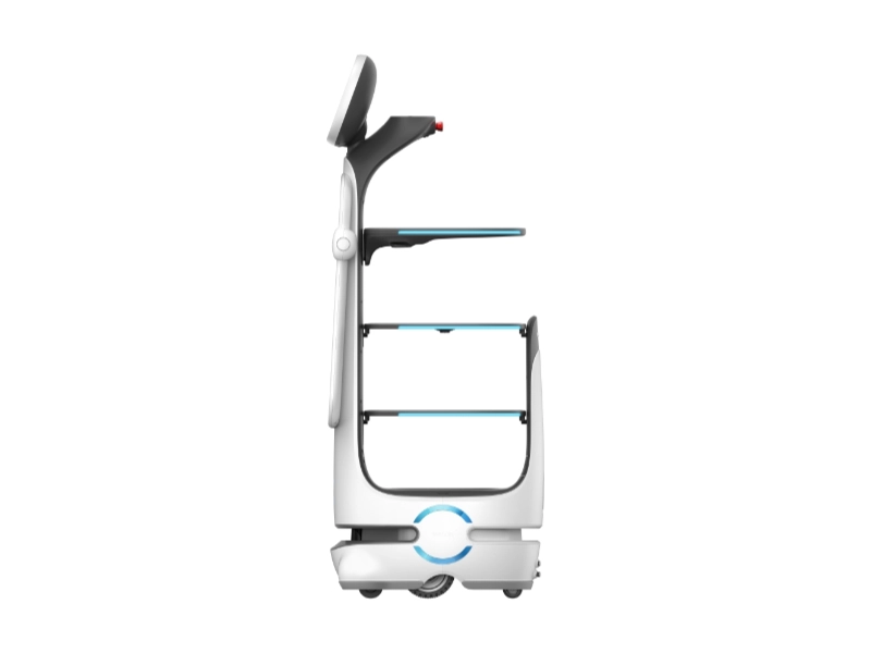 Side view of the Keenon T10-DINERBOT service robot, designed for food delivery in restaurants and hotels with tray shelves, 40 kg capacity and smart obstacle avoidance.