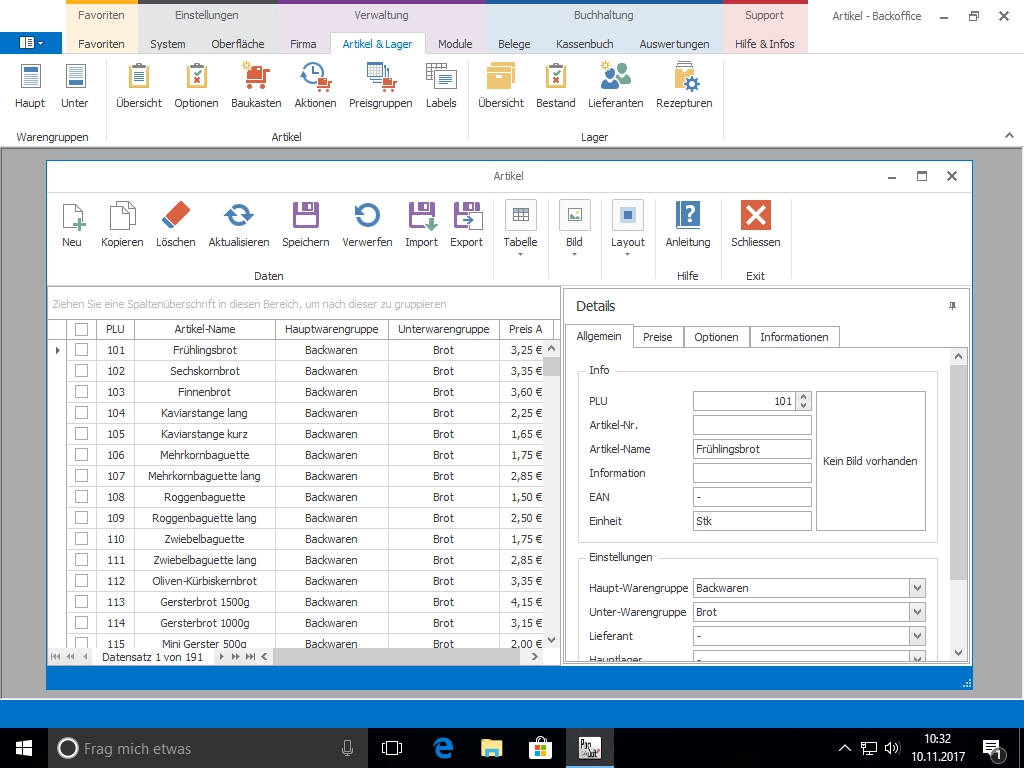 Screenshot einer Warenwirtschaftssoftware zur Brotartikel-Ve