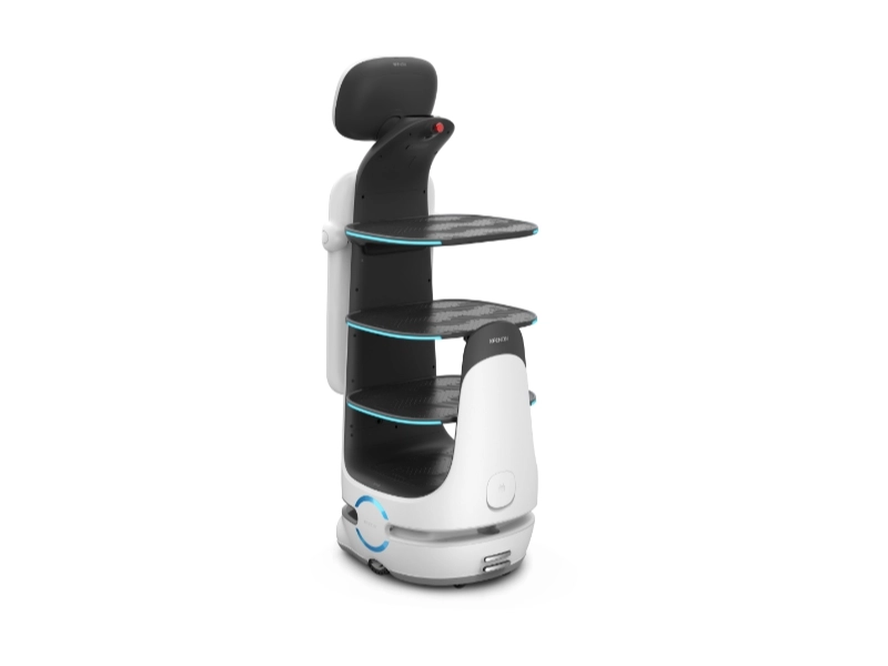 Keenon T10-DINERBOT service robot for restaurants and hotels, with multi-tier tray shelves, 40 kg capacity, ad screen and smart obstacle avoidance.