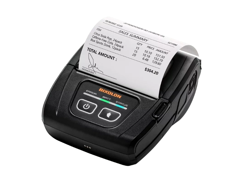 Bixolon SPP-C300 mobile POS receipt printer with 80mm paper, printing a sales receipt for portable ticket and receipt printing via USB-C and Bluetooth.