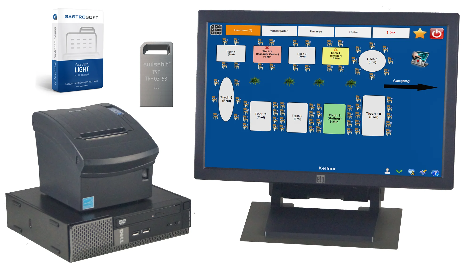 GastroSoft Kassensystem mit Monitor, Bondrucker und TSE