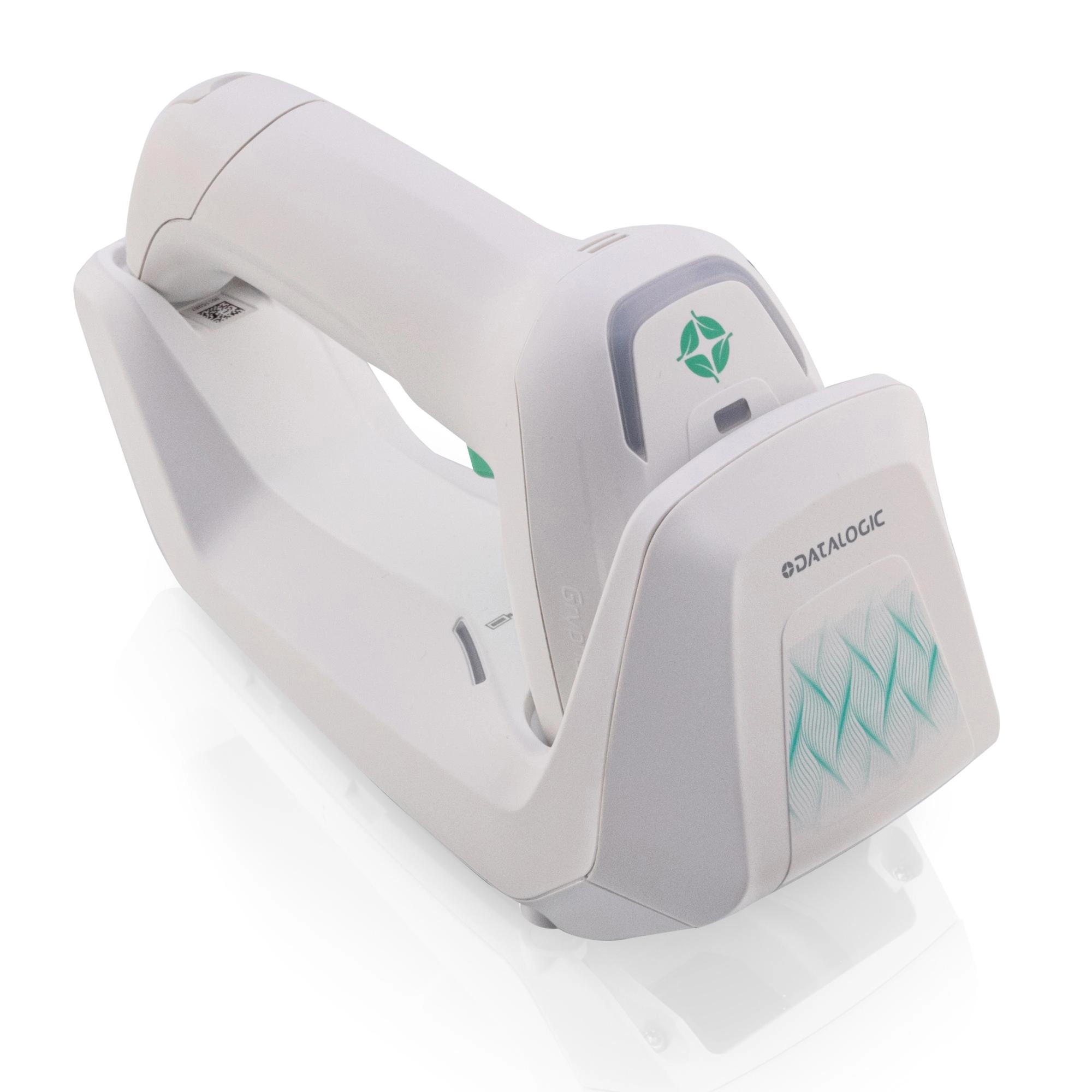 Datalogic Gryphon GM4600 HC wireless 1D/2D barcode scanner in hygienic white housing with charging cradle, healthcare USB kit