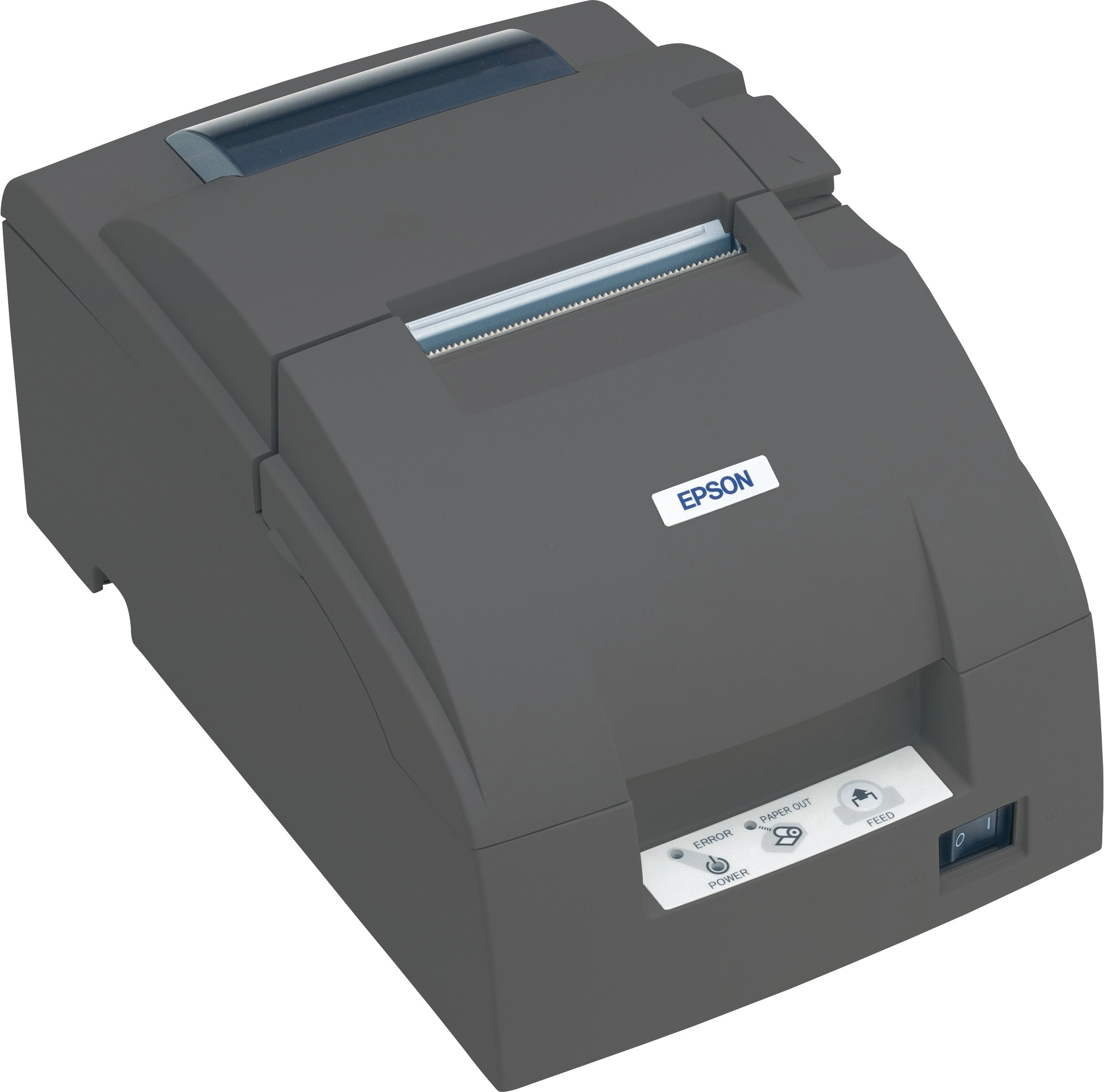 Refurbished Epson TM-U220B POS receipt dot matrix printer in dark grey, LAN-ready with auto cutter, PSU and 12-month warranty