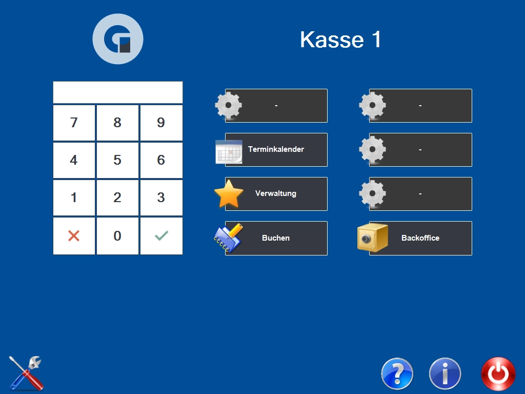 Startoberfläche Kassensystem mit Nummernfeld und Menüs
