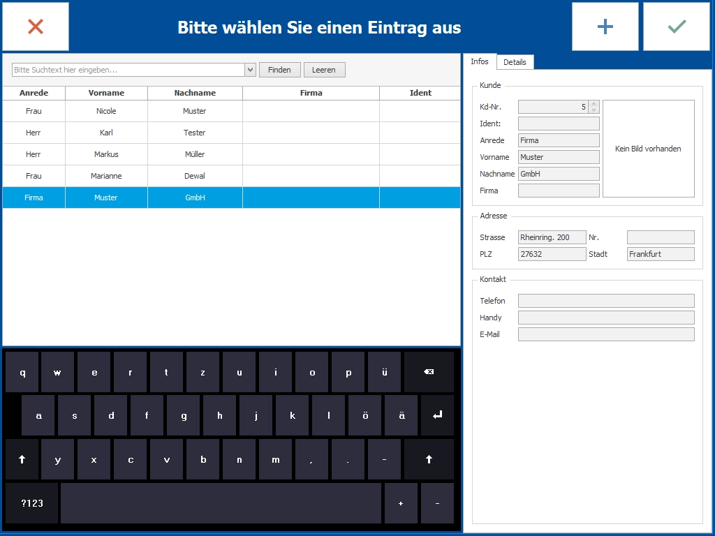 Softwaremaske zur Auswahl und Bearbeitung von Kundendaten