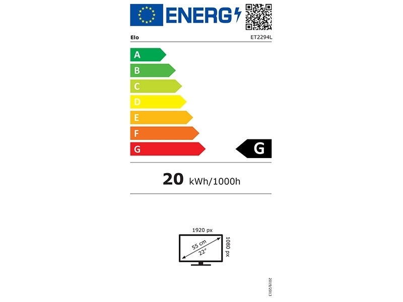 EU energy label for EloTouch 2294L 21.5-inch open frame touch monitor, rating G, 20 kWh/1000h, 1920 x 1080 resolution for kiosk terminals