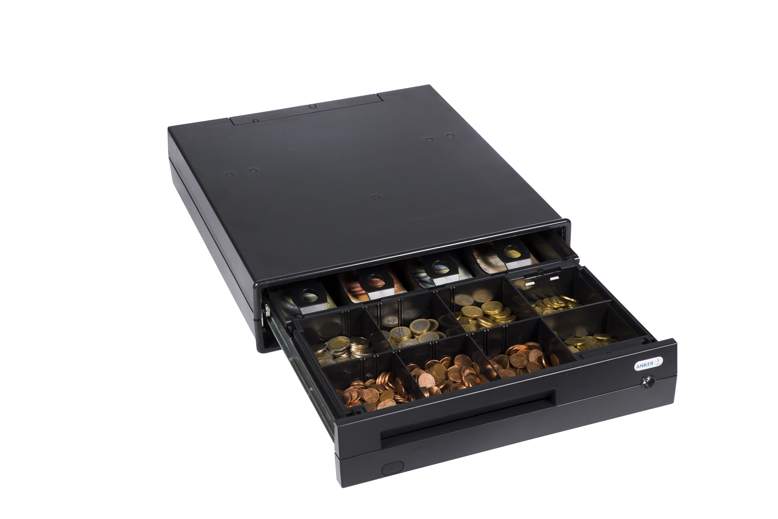 Open ANKER Universal Cash Drawer in anthracite with coin and note compartments, RJ11-compatible POS drawer for retail and hospitality checkout security