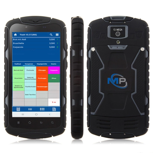MagicPOS Android Bestellterminal 5,5 Zoll von GastroSoft mit Touchscreen, robuster IP68-Schutzhülle und langer Akkulaufzeit für Gastronomie