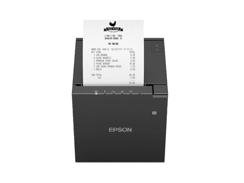 Schwarzer Epson Bondrucker druckt einen Kassenzettel
