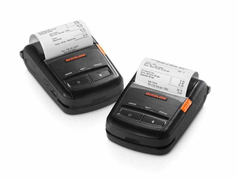 Two Bixolon SPP-R210 mobile 58 mm direct thermal receipt printers printing POS receipts, with MFi Bluetooth, USB and RS232 connectivity.