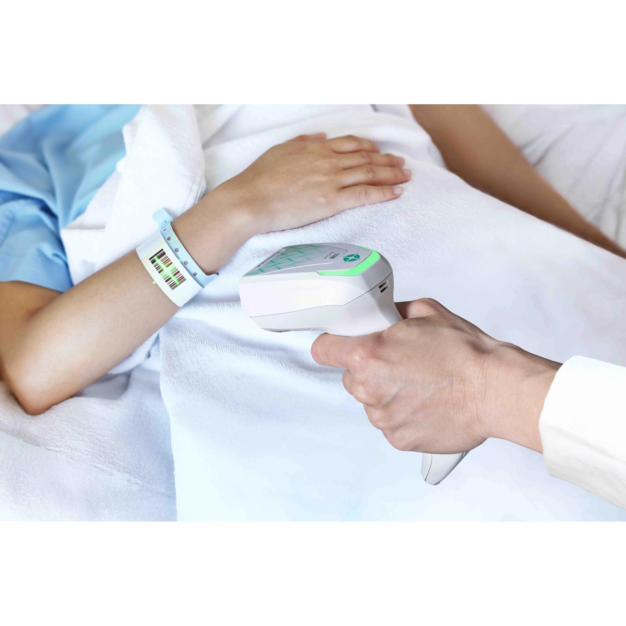 Datalogic Gryphon GM4600 HC wireless 1D/2D healthcare barcode scanner reading a patient wristband in hospital
