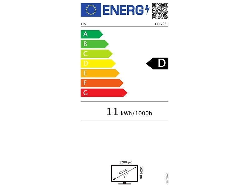 EU energy label for EloTouch 1723L black 17-inch touch monitor, energy class D, 11 kWh/1000h, ideal for retail and hospitality POS systems.