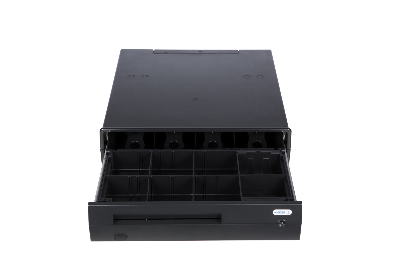 Geöffnete ANKER Universal Cash Drawer Kassenlade in Anthrazit mit herausnehmbarem Geldeinsatz, 4 Scheinfächern und 8 Münzfächern für Handel und Gastronomie