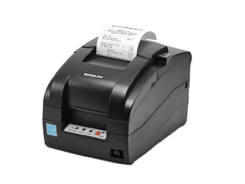 Bixolon SRP-275III black receipt impact printer for POS and kitchen orders, with receipt paper loaded, USB, RS232 and Ethernet connectivity