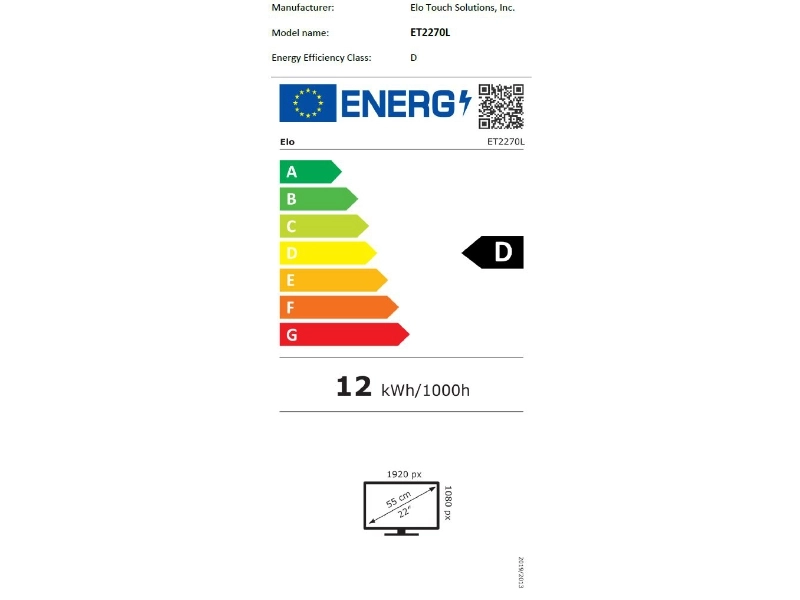 EU energy label for Elo Touch ET2270L 21.5 inch Full HD touchscreen monitor, energy class D, 12 kWh/1000h for POS and self-service use