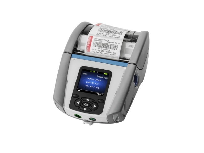 Zebra ZQ620 Plus-HC mobile healthcare receipt and label printer with printed patient label, disinfectant-ready for secure clinical workflows