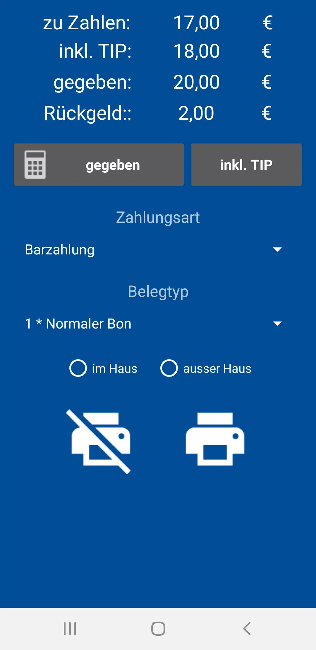 GastroSoft Droid Android App zeigt mobile Kassenabrechnung mit Trinkgeld, Barzahlung und Bon-Druck für Gastronomie