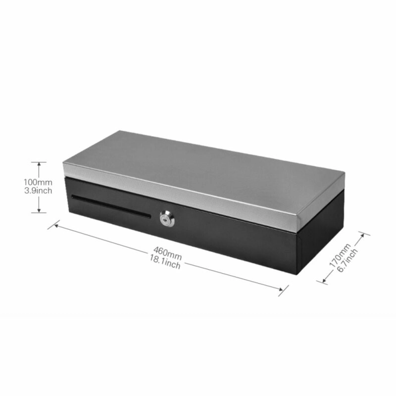 Silber-schwarze MagicPOS MP-460 Kassenklapplade mit Schloss und Scheckfach, Maße 460x100x170 mm, für Kasse und POS