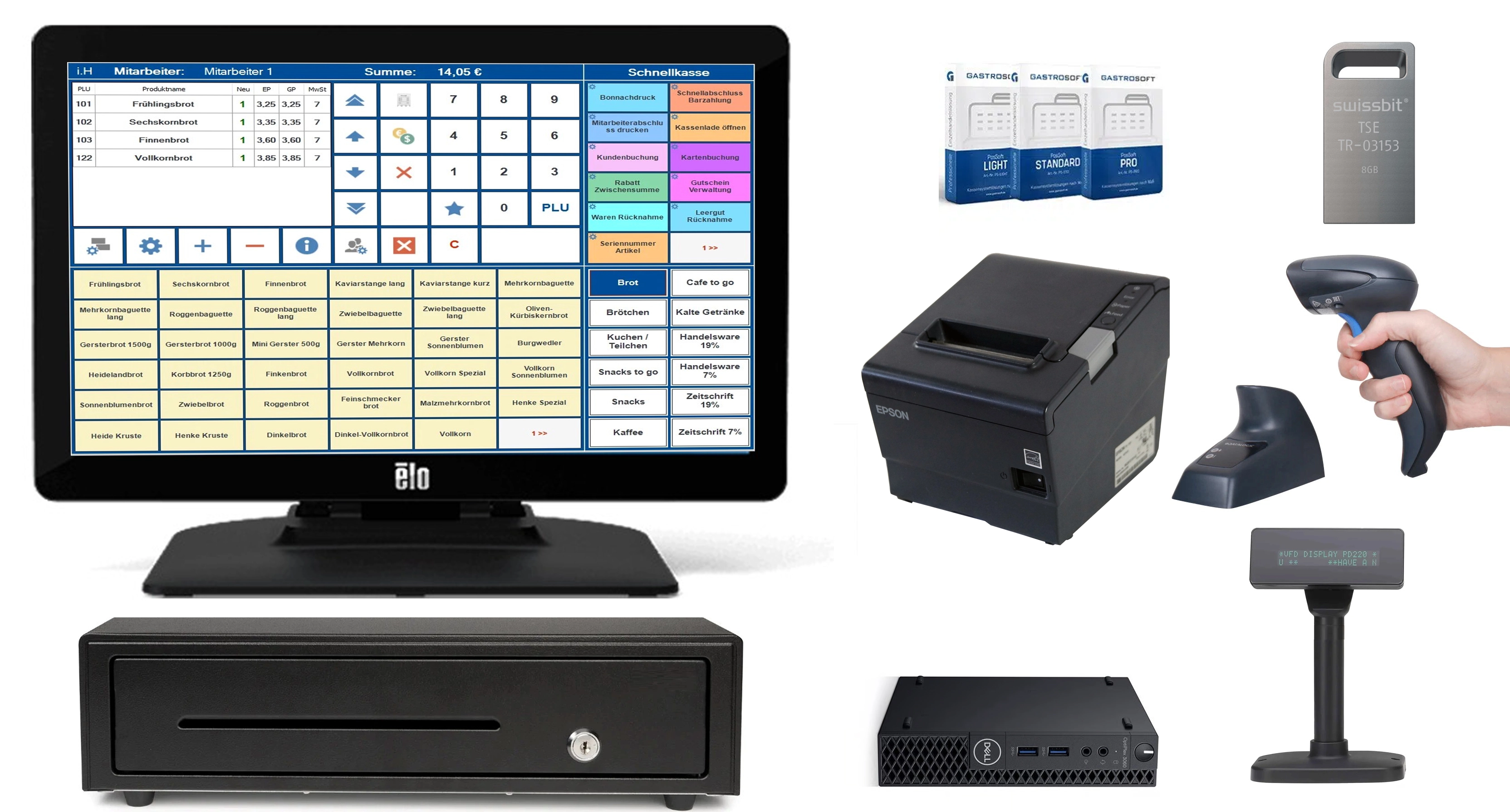 MagicPOS 15 Zoll Touch-Kassensystem für den Handel mit Kassensoftware, TSE, Scanner, Bondrucker, Kassenlade und Kundendisplay