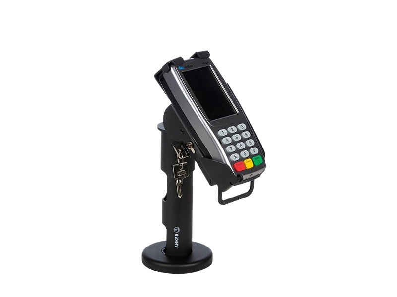 Abschließbare Anker Flexi Stand Terminalhalterung mit Verifone VX820 EC-Kartengerät, schwarzer Stahlständer mit Schlüssel und rundem 180-mm-Sockel für den POS