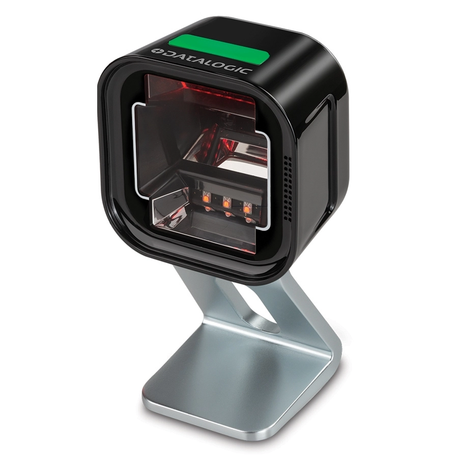 Datalogic Magellan 1500i black USB presentation scanner for POS checkout, reading 1D and 2D barcodes and mobile coupons