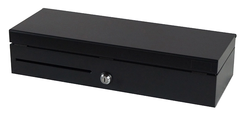 Black MagicPOS 410FT flip-top cash drawer for compact POS counters, with front media slot, lock, RJ11 connection and 6 bill/8 coin layout.