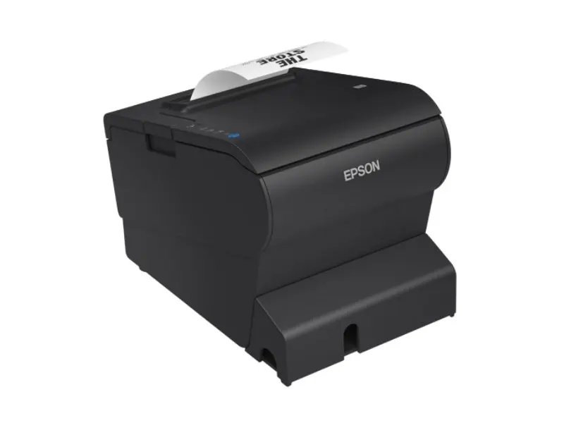 Schwarzer Epson Bondrucker mit Papierausgabe