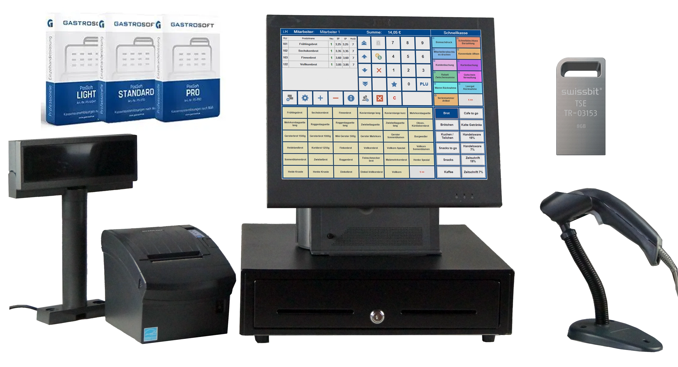 IBM 15 Zoll Touch-Kassensystem für Handel mit PosSoft Kassensoftware, TSE, Bondrucker, Kassenschublade, Kundenanzeige und Barcodescanner