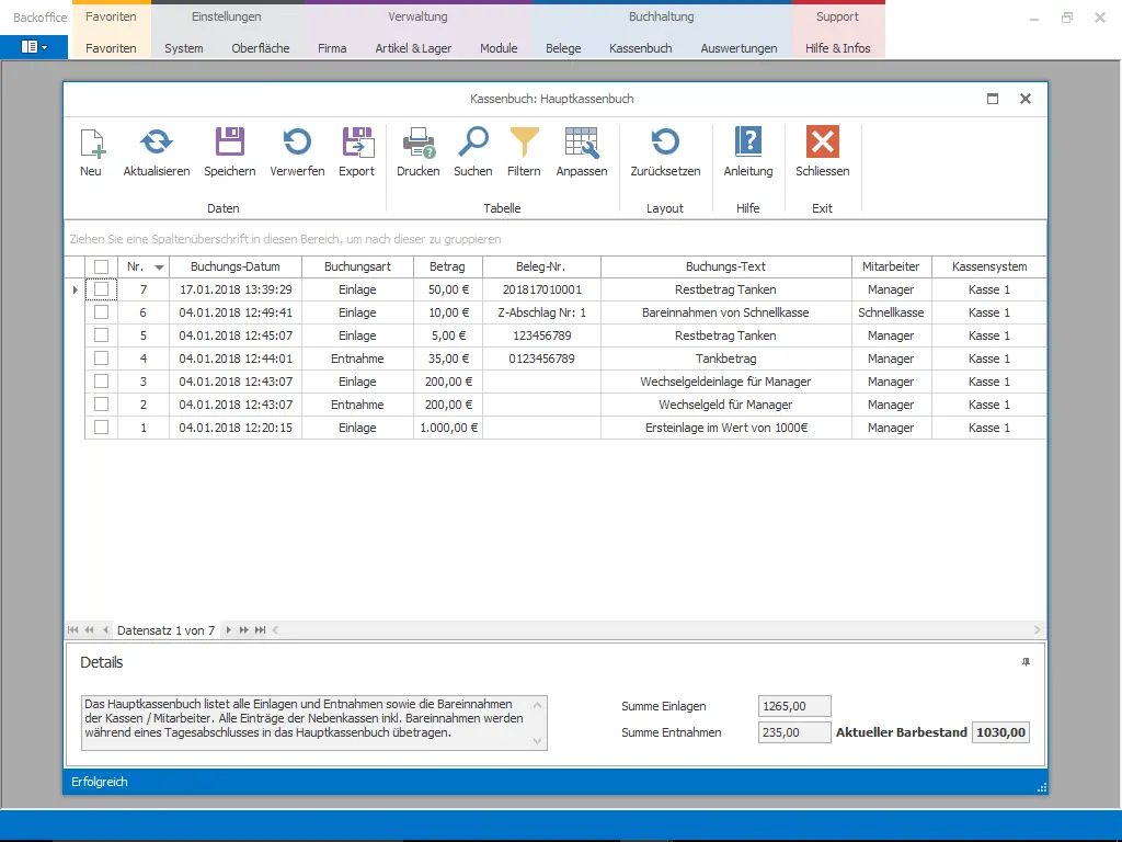 Screenshot Kassenbuch Software mit Buchungsliste