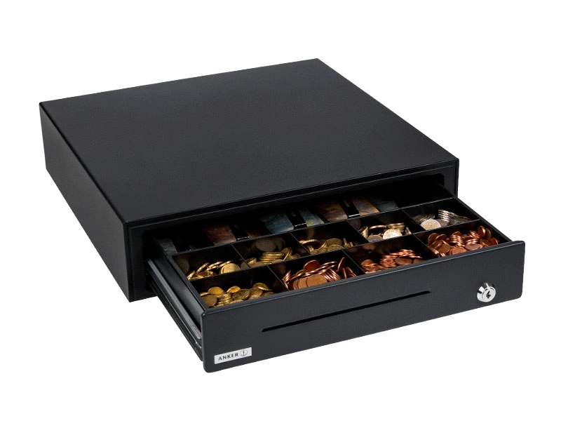 ANKER MDX16 anthracite metal cash drawer open with coin and bill compartments for retail and hospitality POS, RJ12 24V printer connection