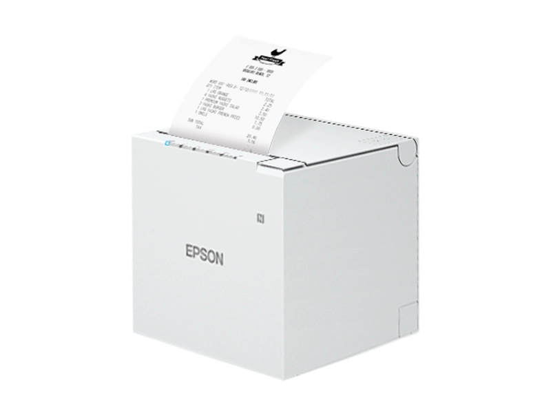 White Epson TM-m30III 80 mm USB Ethernet receipt printer printing a till receipt for retail and hospitality checkouts