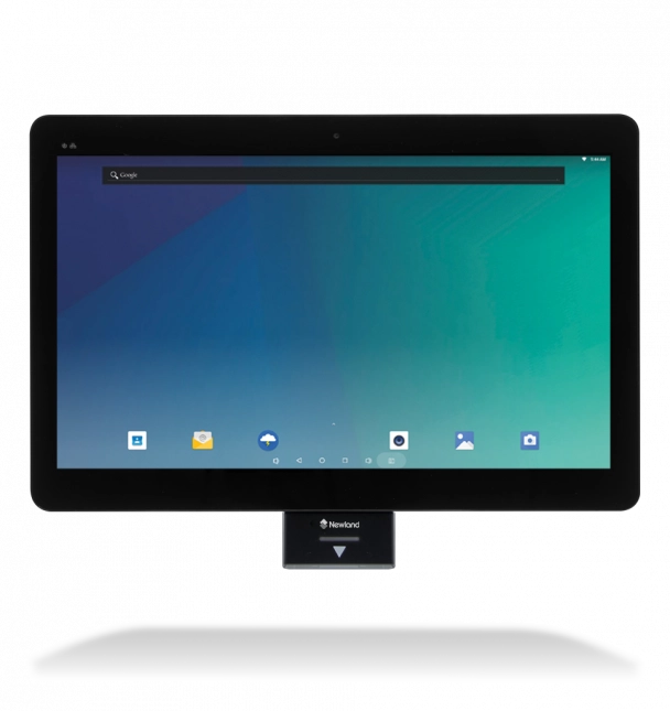 Front view of Newland NQuire 1500 15.6-inch Android PoE self-service POS kiosk with Full HD touchscreen and integrated barcode scanner.