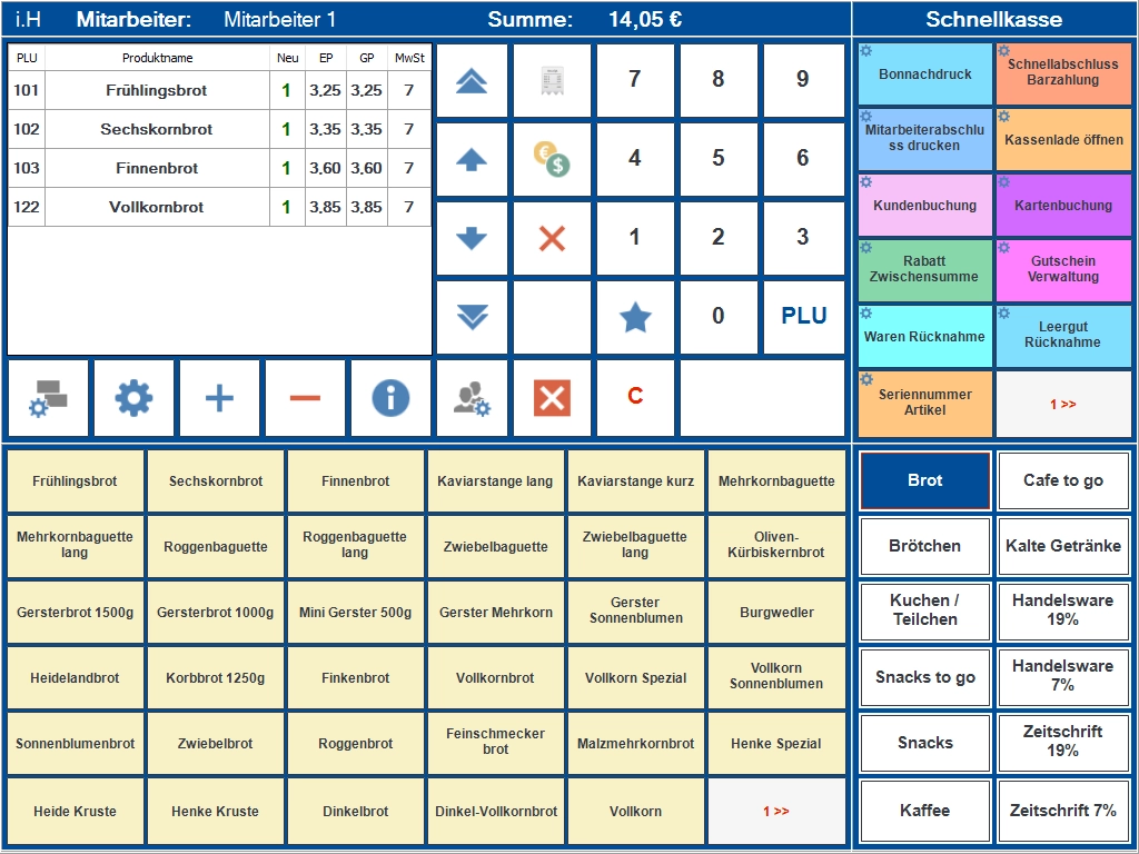 Screenshot eines Kassensystems mit Brotartikeln und Schnellw