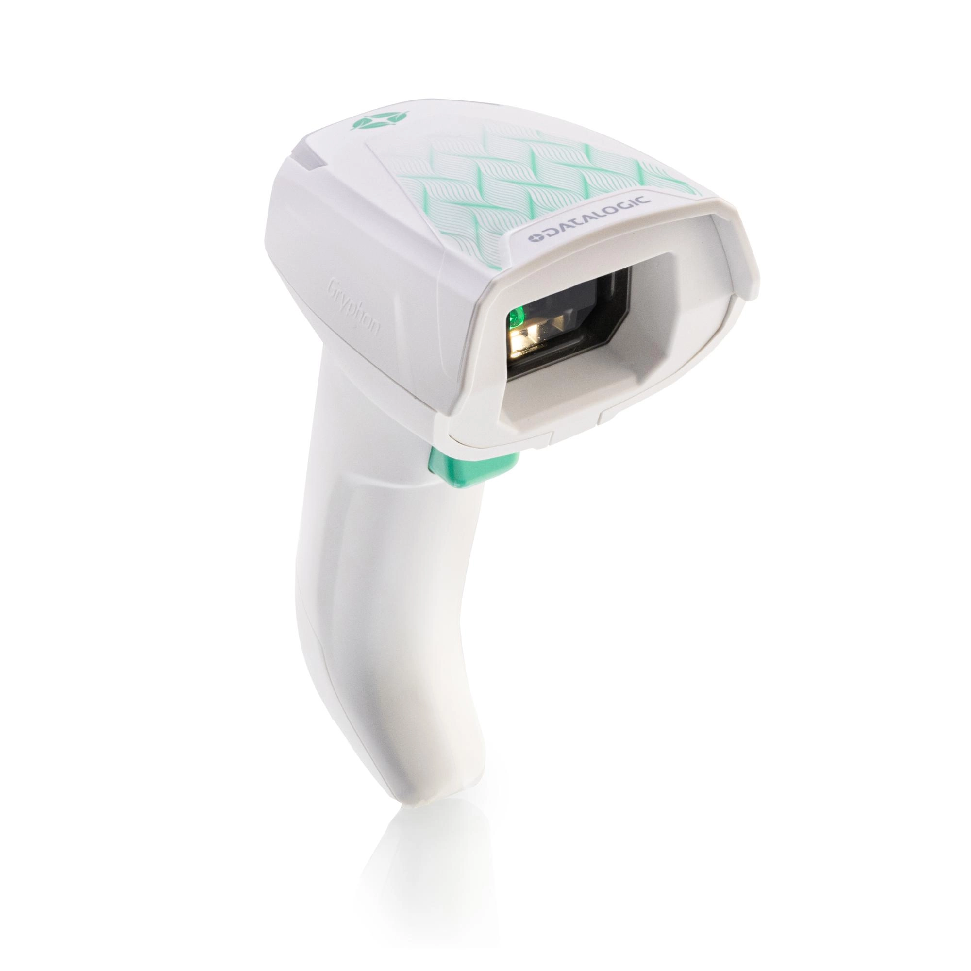 Datalogic Gryphon GM4600 HC wireless healthcare 1D/2D barcode scanner in hygienic white IP52 housing, part of the USB kit with charging cradle